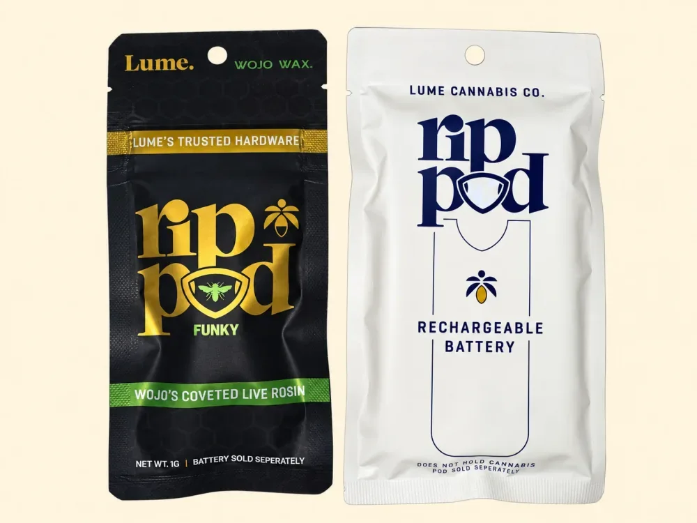 The Wojo × LUME live rosin pod pouch beside the LUME rechargeable battery pouch