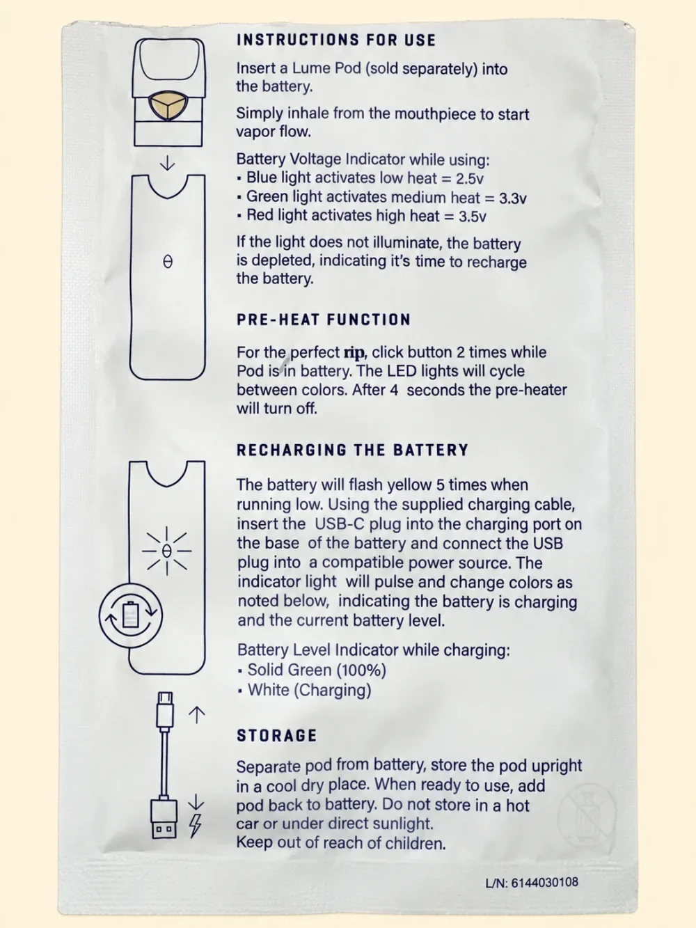 Cropped LUME RIP Pod battery package instructions showing voltage, preheat, charging, and storage