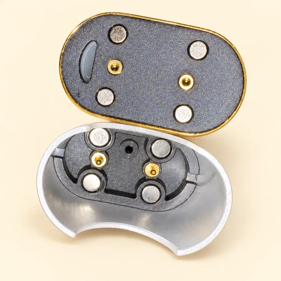 Close-up of the Donny Double pod and LUME battery magnetic connection and electrical contacts