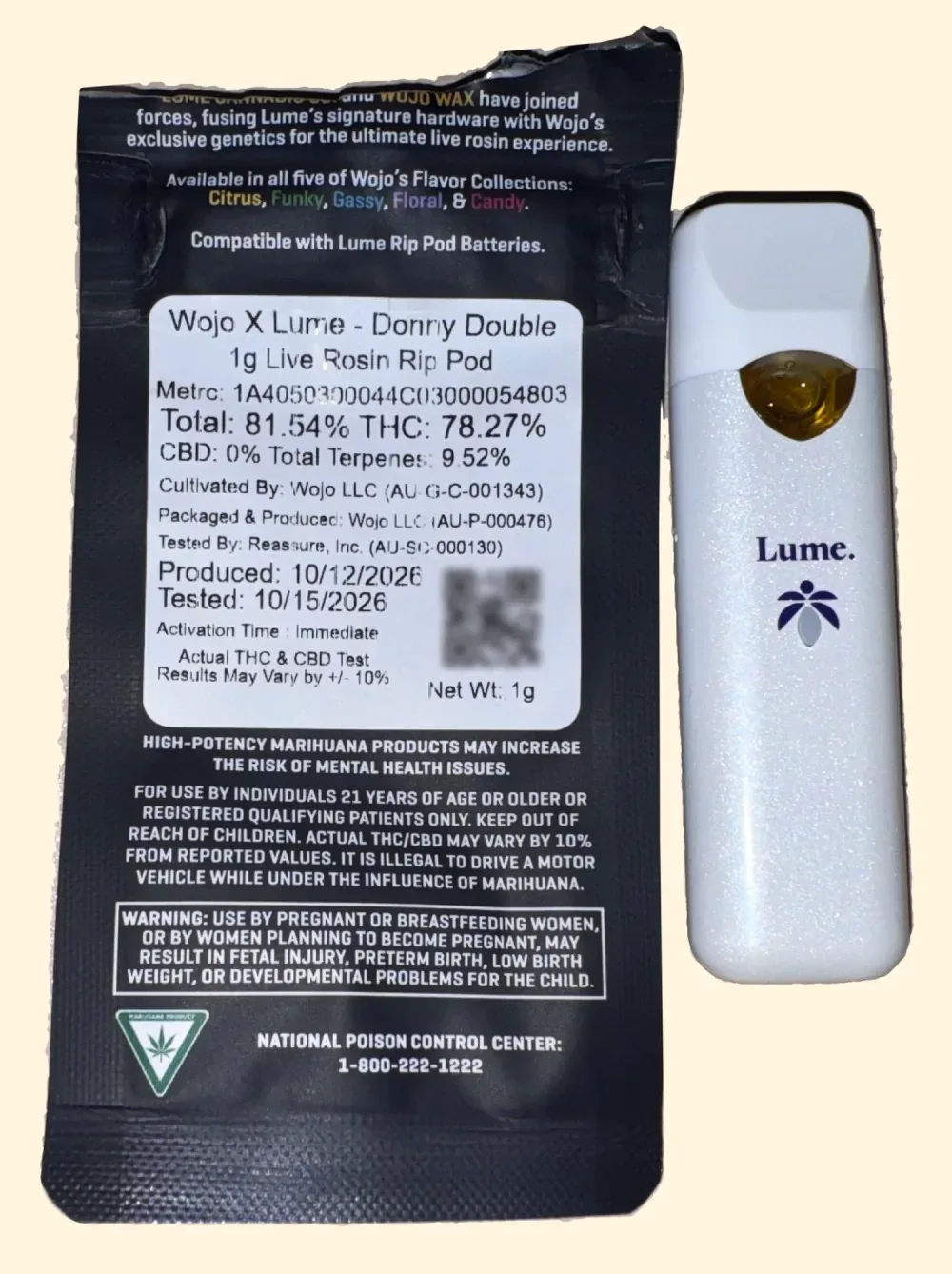 Donny Double package label beside the LUME RIP Pod battery