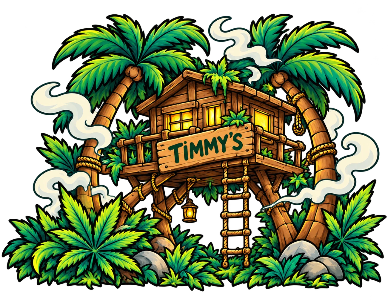 A wonky cartoon treehouse tucked between palm trees, with hemp leaves, a rope ladder, and curling smoke